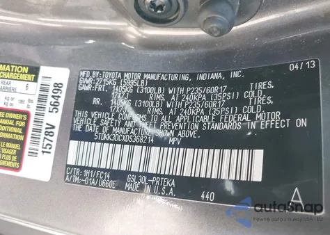 2013 Toyota Sienna Le V6 8 Passenger from USA, damaged, VIN 5TDKK3DCXDS368214